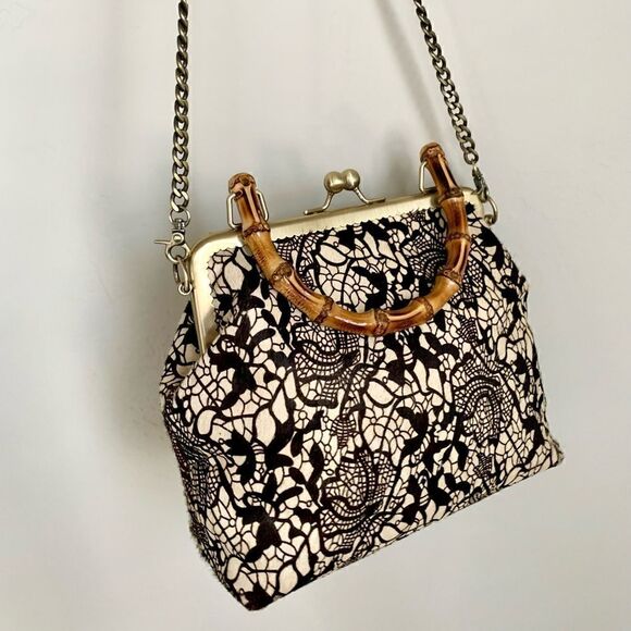 Handmade Real hair-on-horsehide Black Lace Printed Metal Frame Bamboo Handle Bag - Picture 9 of 16